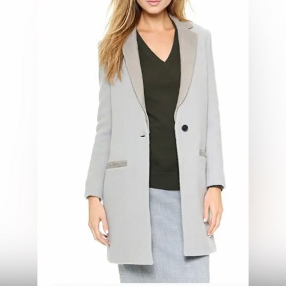 Club Monaco Gray Wool & Leather Long Coat Women's Small Lined Pockets Classic - Picture 2 of 16